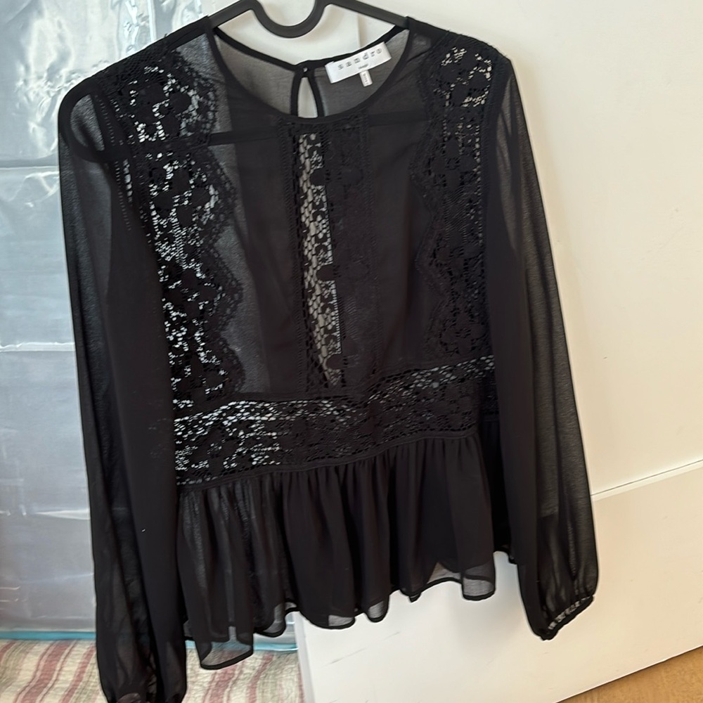 Sandro Paris Womens Long Sleeve Lace Accent Blouse Black 1 Small gorgeous!